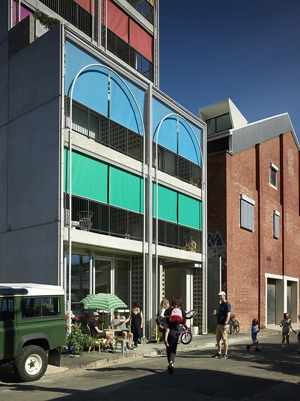 Vertical awnings on a commercial building