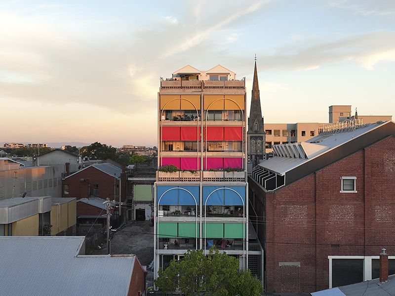 Vertical awnings on a commercial building